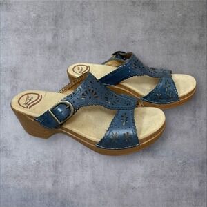 DANSKO Blue Flower Cut Out Leather Slides Sandals Mules Womens 38 US 7.5-8 Wedge